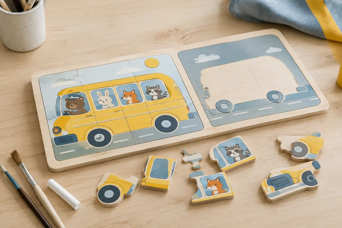 Puzzle magnétique Jojoin sur le thème du bus, avec pièces en bois, planche double face, craie et pinceaux