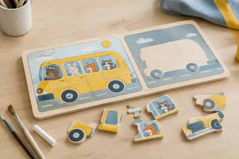 Puzzle magnétique Jojoin sur le thème du bus, avec pièces en bois, planche double face, craie et pinceaux