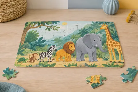 Puzzle XXL en carton assemblé, montrant des animaux de la jungle du plus petit au plus grand