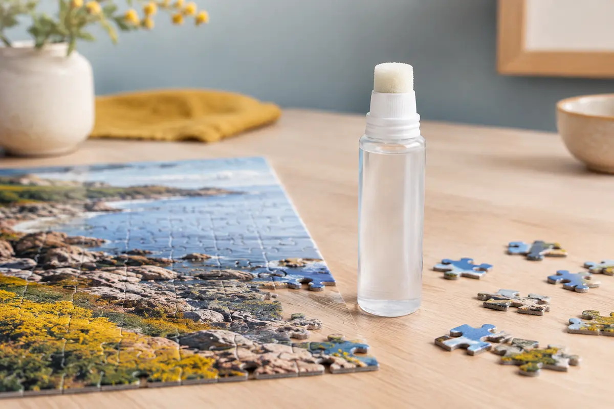 Colle pour puzzle à tête éponge posée à côté d’un puzzle assemblé sur une table en bois clair