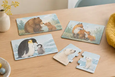 Puzzles en carton illustrés de mamans et de bébés animaux, avec plusieurs duos assemblés sur une table claire.