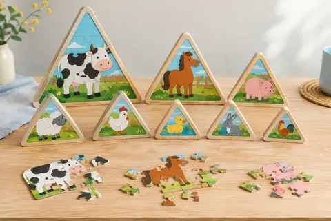 Neuf puzzles colorés d’animaux de la ferme disposés avec leur cadre sur une table en bois clair