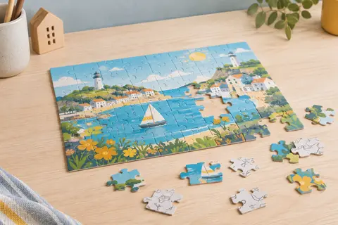 Puzzle enfant Toy Story de 48 pièces assemblé, avec quelques pièces montrant le verso à colorier.