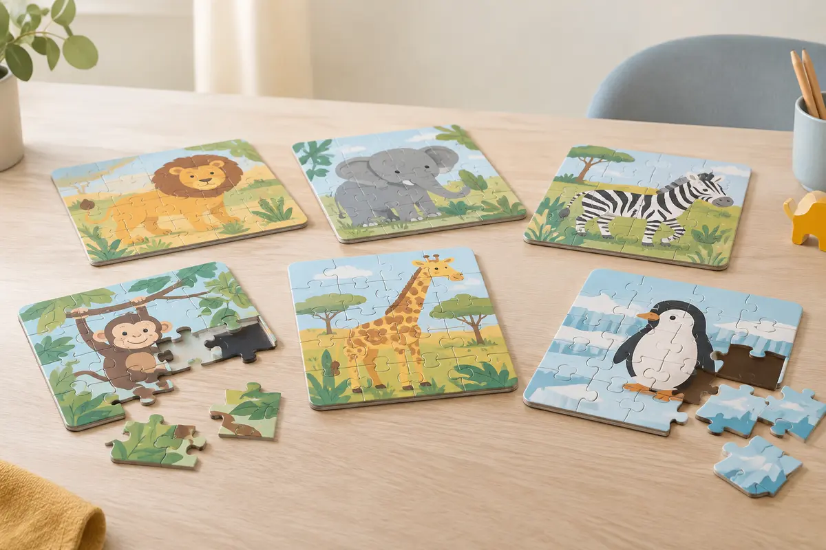 Six puzzles magnétiques colorés sur le thème des animaux du zoo, assemblés et dispersés sur une table en bois clair.