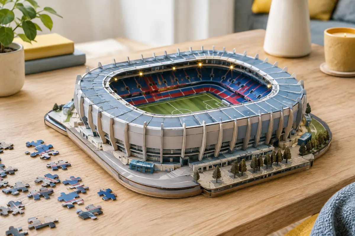 Maquette 3D du Parc des Princes assemblée et éclairée par ses LED sur une table en bois clair.