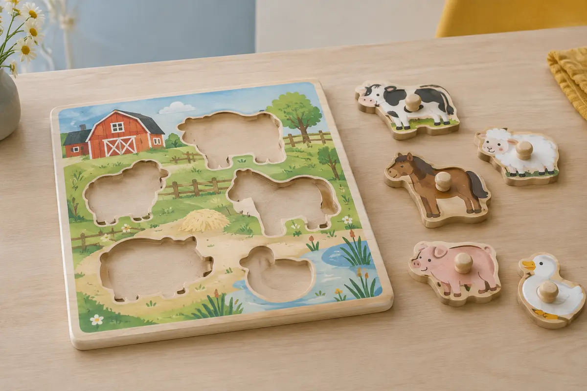Puzzle sonore de la ferme à huit pièces en bois, posé avec quelques pièces sur une table claire.
