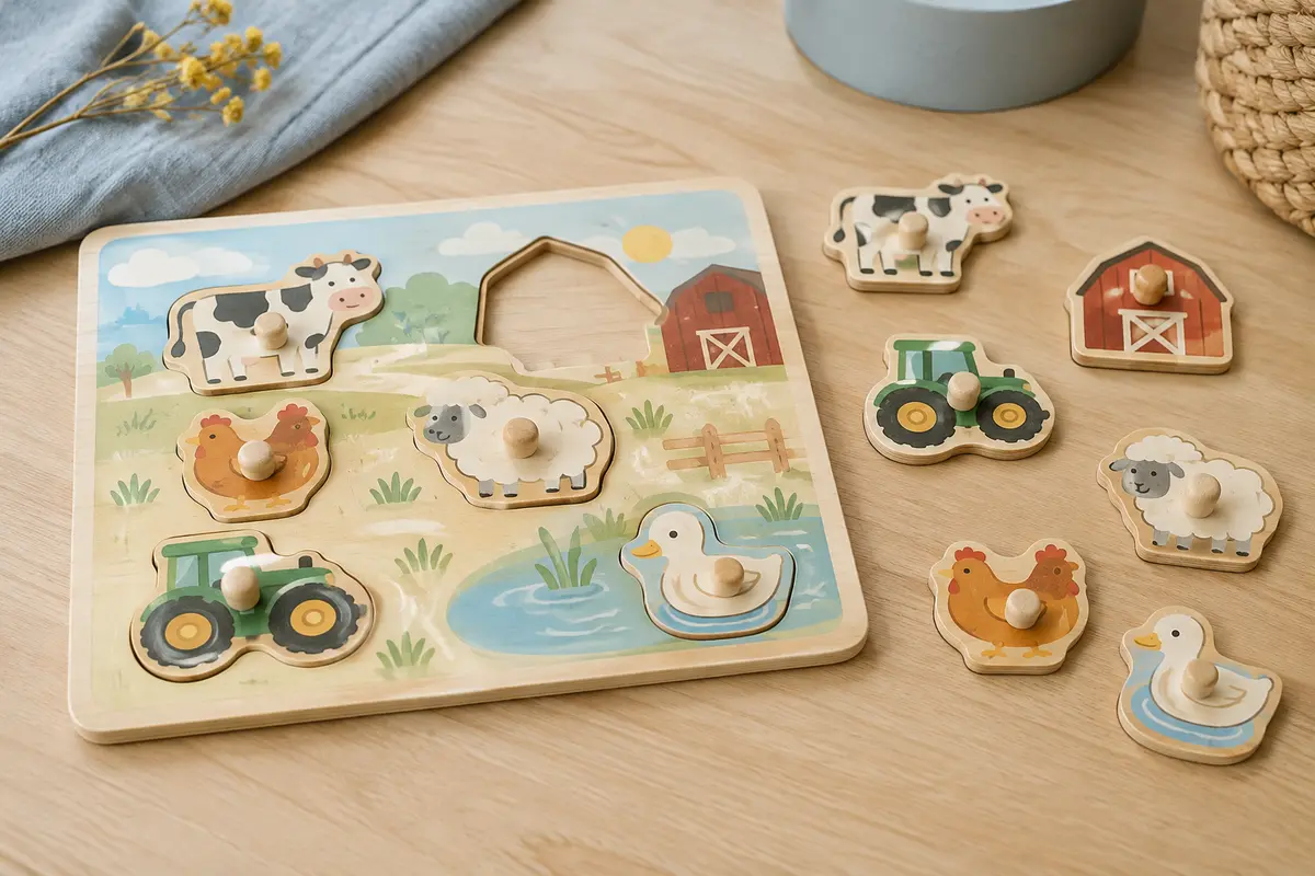 Puzzle en bois de ferme à six pièces à chevilles posé sur une table claire