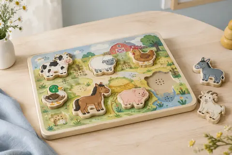 Puzzle sonore en bois de la ferme avec huit pièces colorées posées sur une table claire