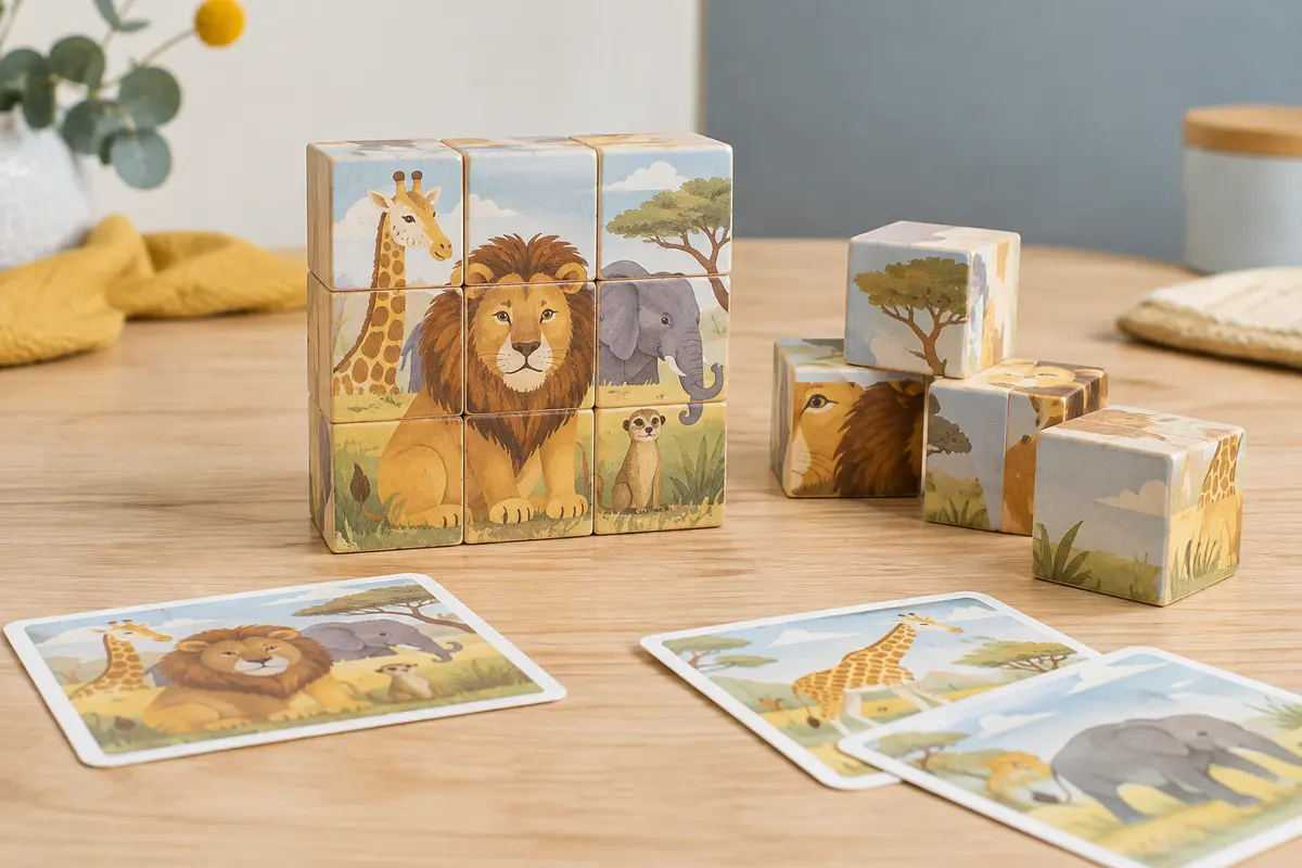 Neuf cubes en bois illustrés d’animaux et leurs cartes modèles disposés sur une table claire.