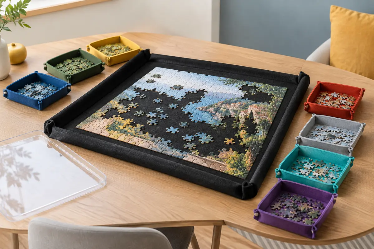 Plateau de puzzle pliable en feutre noir avec puzzle en cours, huit trieurs et couvercle transparent