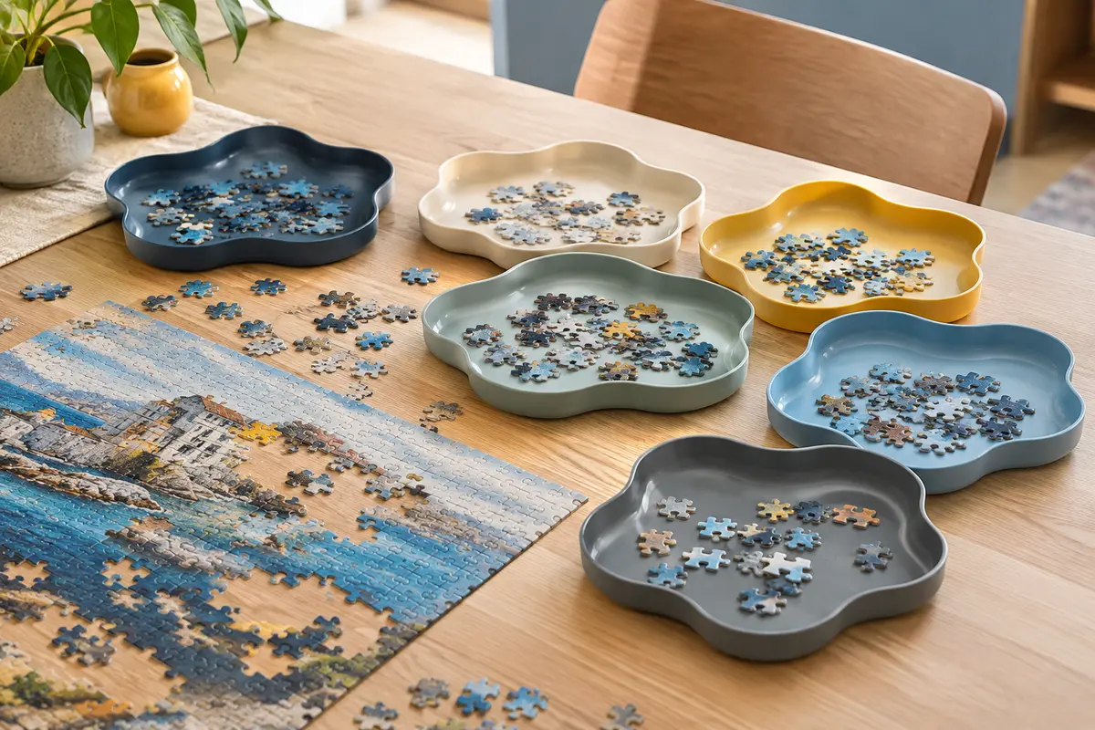 Six plateaux de tri aux coloris multiples organisent les pièces d’un puzzle sur une table en bois clair.