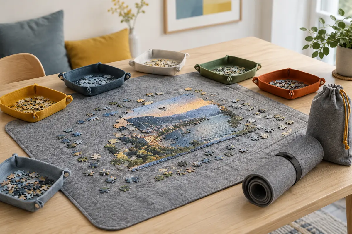 Tapis de puzzle gris en feutre avec pièces éparses, six plateaux de tri et accessoires de rangement.