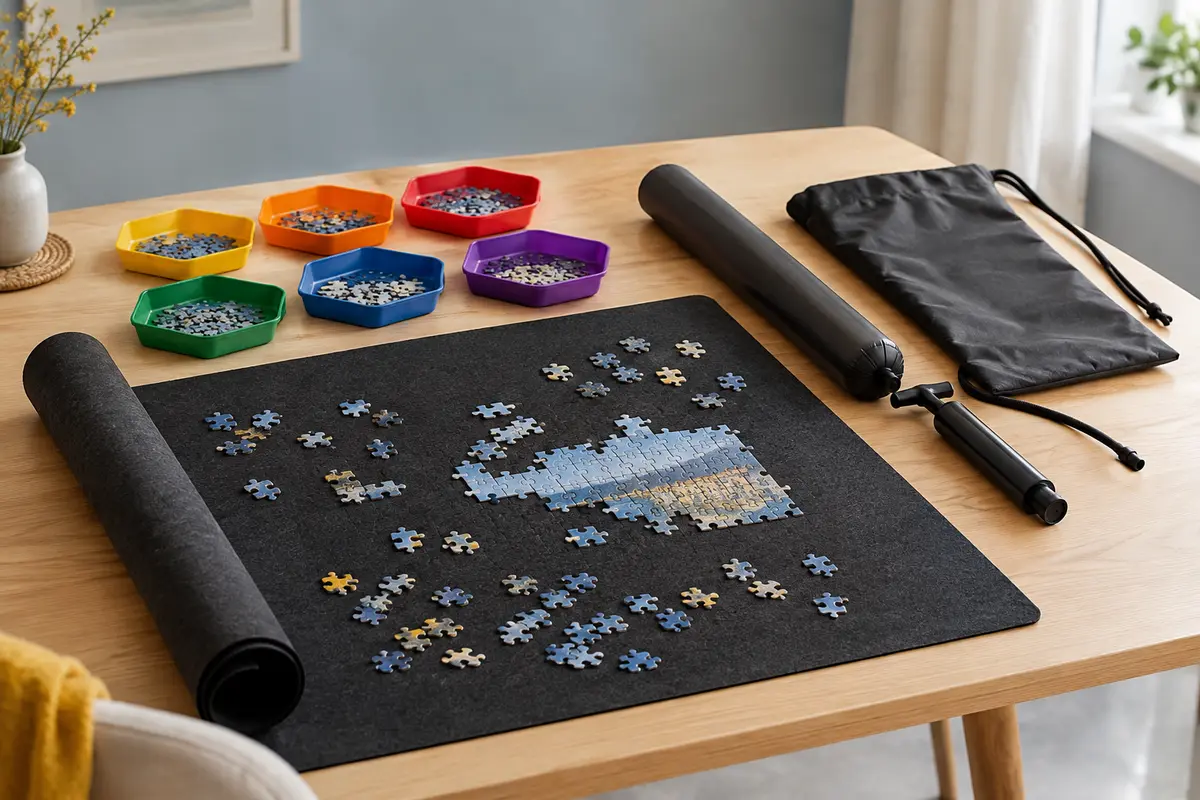 Tapis de puzzle noir en feutre avec six trieurs, tube gonflable, pompe et sac de rangement