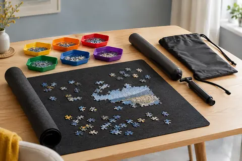 Tapis de puzzle noir en feutre avec six trieurs, tube gonflable, pompe et sac de rangement