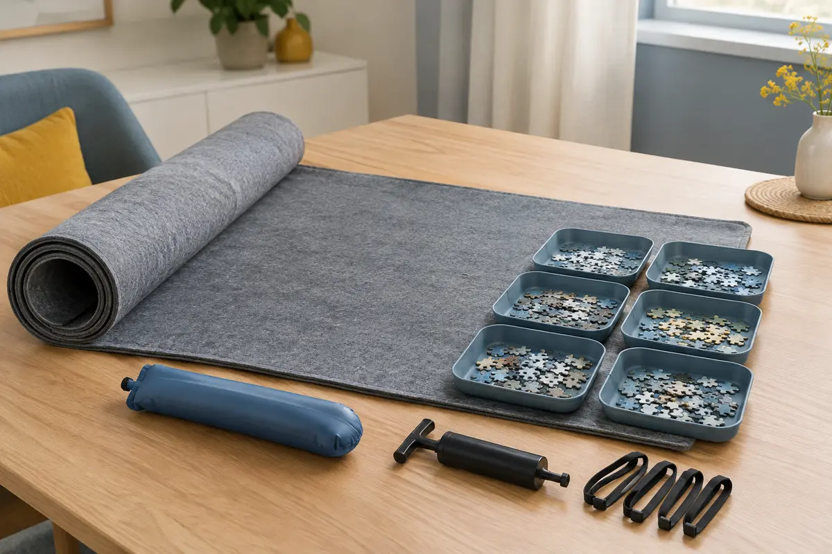 Tapis de puzzle en feutre déroulé sur une table, accompagné de six plateaux de tri et de ses accessoires.