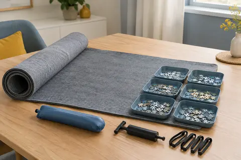 Tapis de puzzle en feutre déroulé sur une table, accompagné de six plateaux de tri et de ses accessoires.