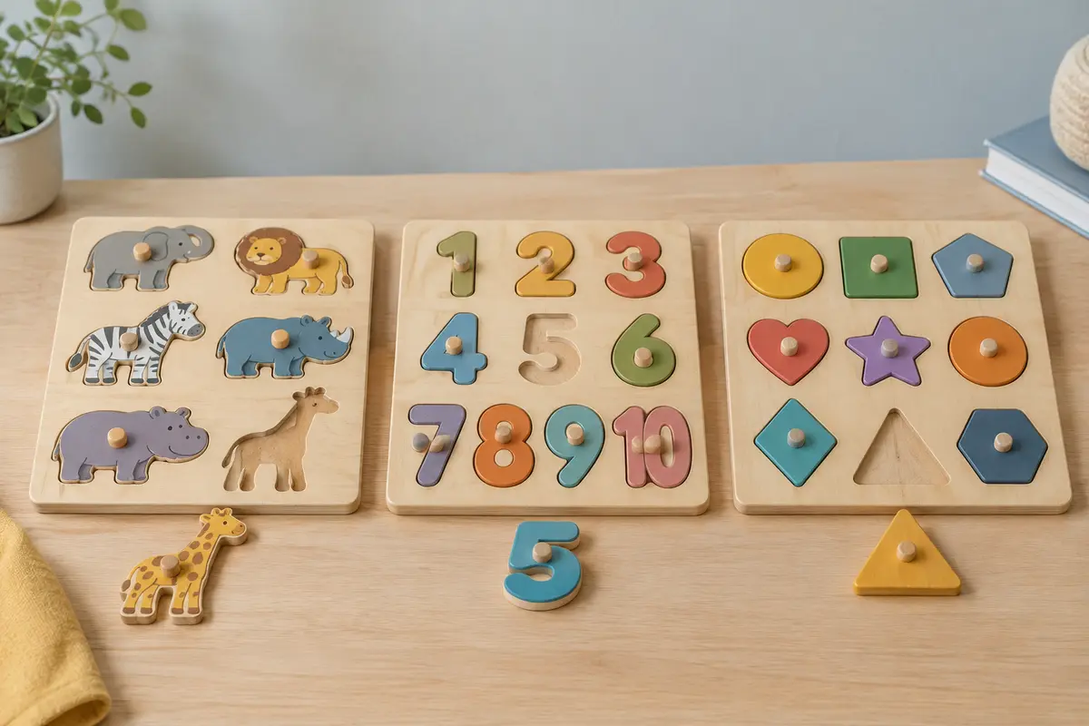 Trois puzzles en bois à boutons, animaux, chiffres et formes, la girafe, le cinq et le triangle posés devant leurs cases vides