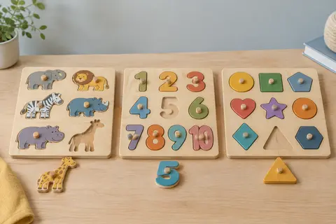 Trois puzzles en bois à boutons, animaux, chiffres et formes, la girafe, le cinq et le triangle posés devant leurs cases vides