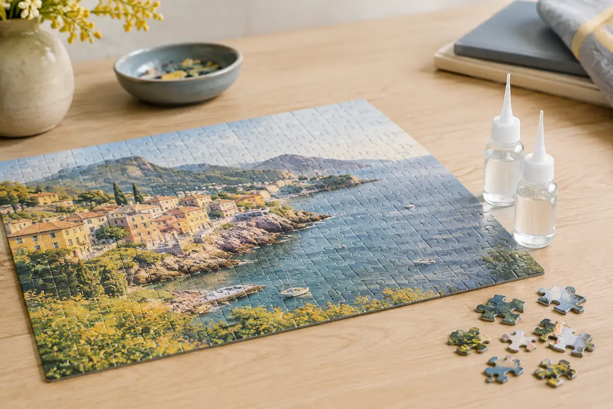 Deux flacons de colle transparente avec applicateur près d’un puzzle assemblé sur une table en bois clair.