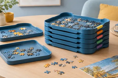 Plateaux de tri de puzzle empilables bleus avec des pièces classées sur une table en bois clair
