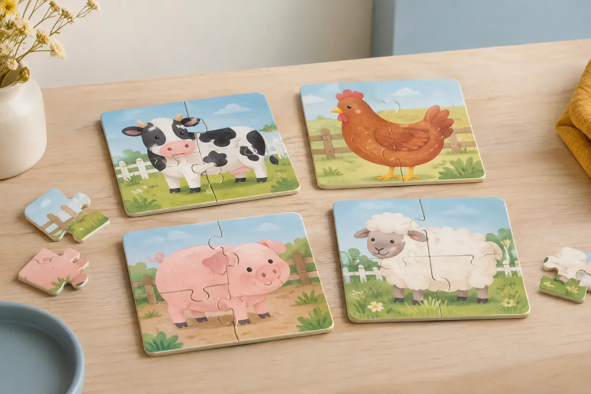 Quatre puzzles en carton illustrés d’animaux de la ferme et leurs pièces sur une table en bois clair