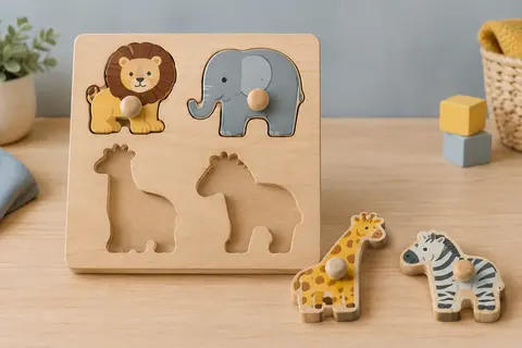 Puzzle carré en bois de quatre animaux sauvages à bouton, lion et éléphant en place, girafe et zèbre posés à côté de leurs cases