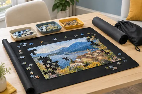 Tapis de puzzle noir déroulé sur une table, avec pièces, plateaux de tri, tube en mousse et sac