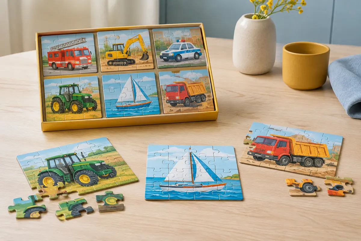 Six mini-puzzles en carton illustrés de véhicules, avec des pièces assemblées et séparées sur une table claire.