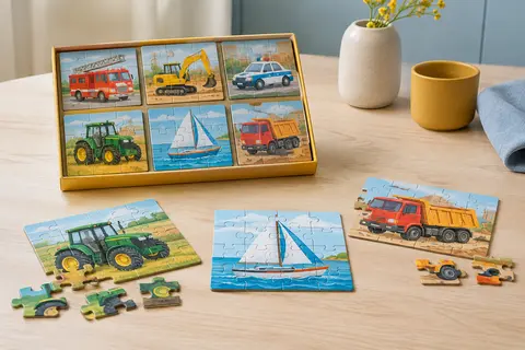 Six mini-puzzles en carton illustrés de véhicules, avec des pièces assemblées et séparées sur une table claire.