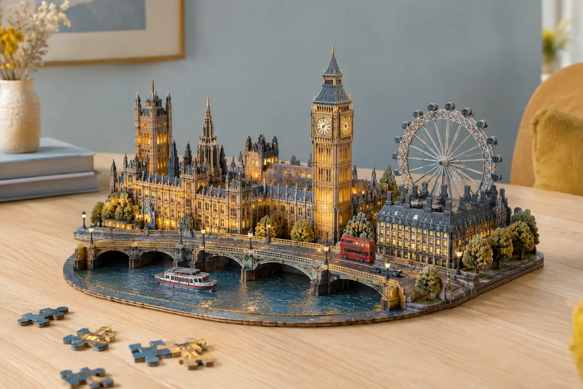 Maquette puzzle 3D inspirée de London, en carton, avec éclairage LED et quelques pièces sur une table.