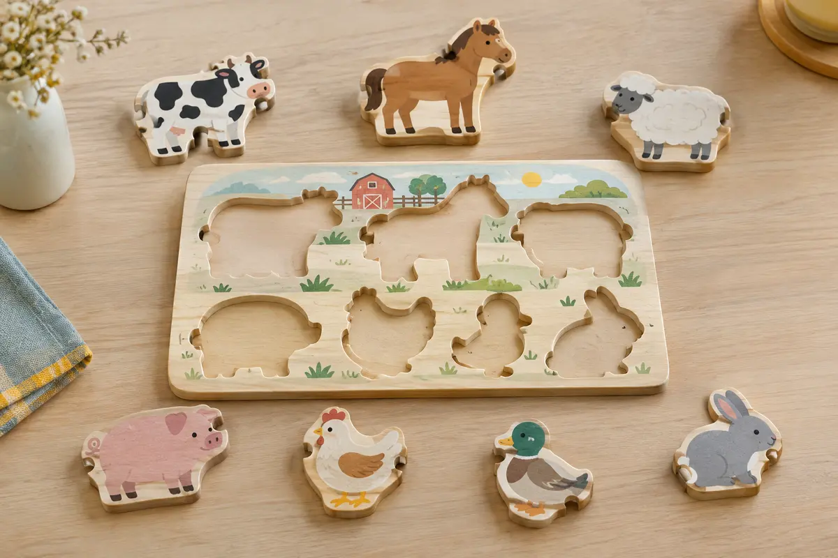 Puzzle en bois à encastrement avec huit pièces illustrant des animaux de la ferme