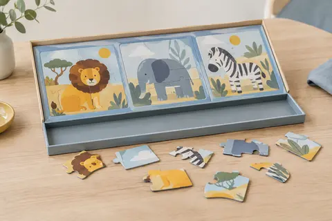 Puzzles magnétiques illustrés d’animaux et pièces en carton disposés sur une table en bois clair