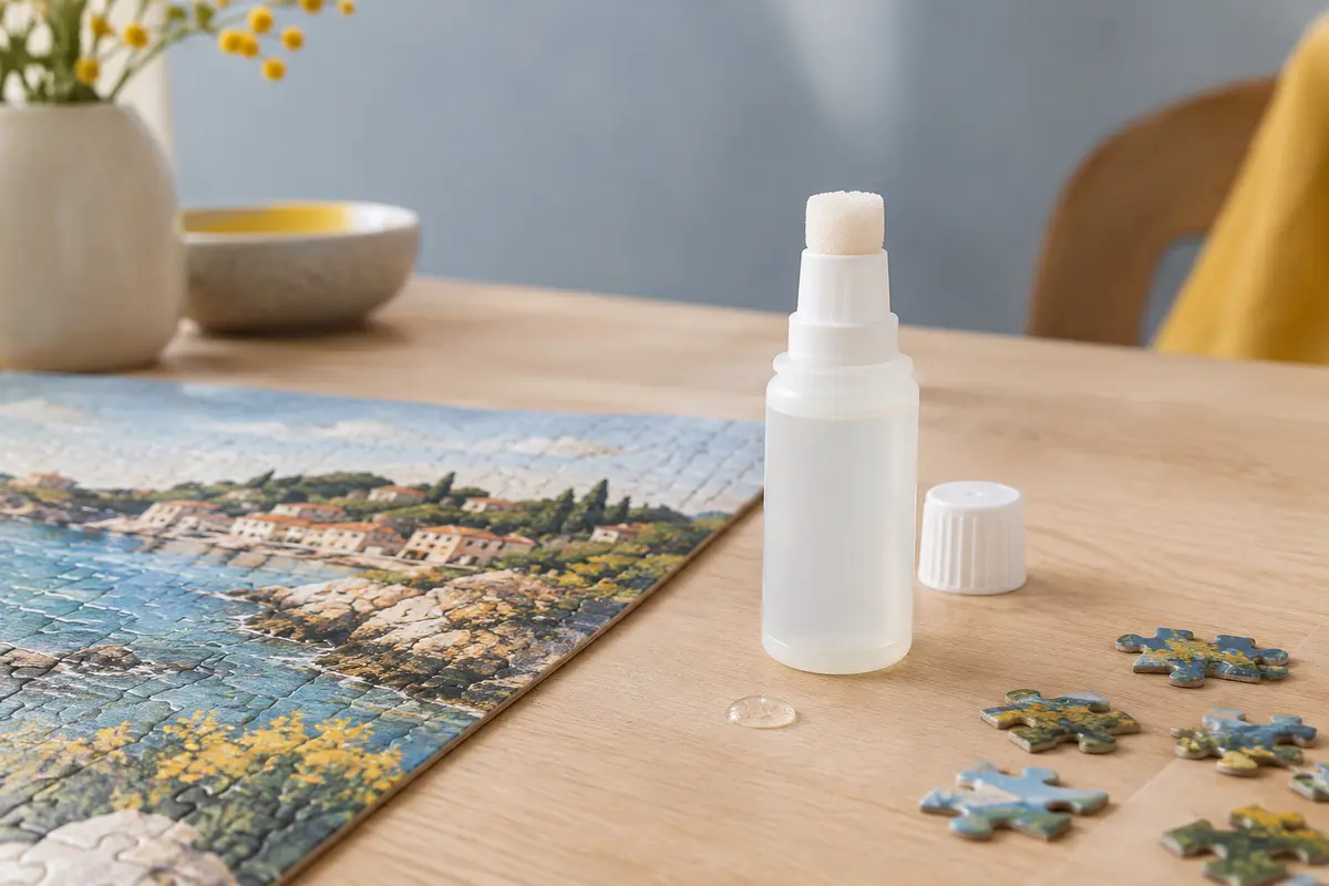 Flacon de colle à puzzle avec embout mousse posé près d’un puzzle en carton terminé