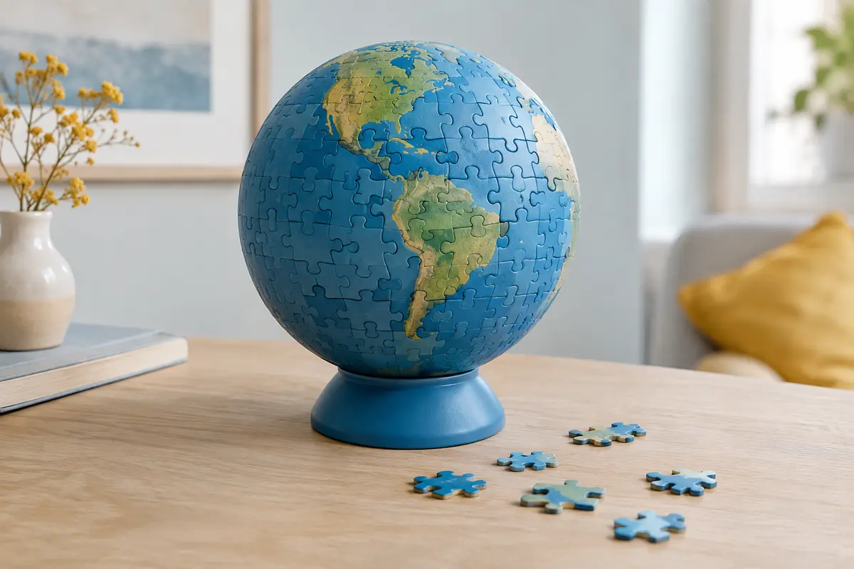 Globe puzzle 3D bleu assemblé et éclairé, posé sur une table en bois clair avec quelques pièces.