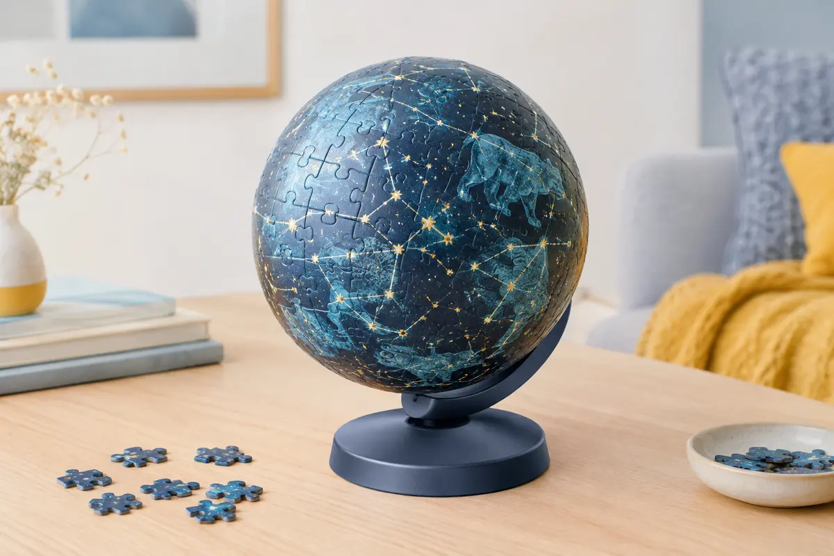 Globe puzzle 3D à constellations phosphorescentes posé sur son support rotatif, sur une table en bois clair