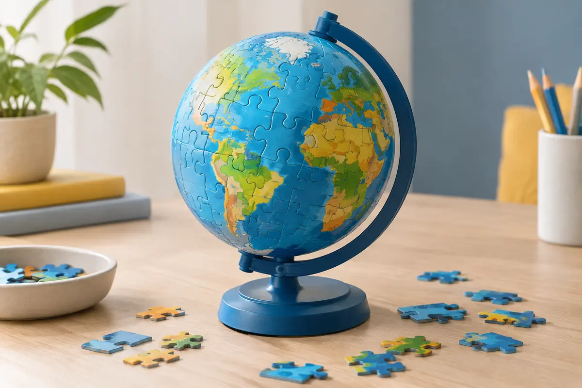Globe puzzle 3D Ravensburger assemblé sur son socle rotatif, posé sur une table en bois clair.