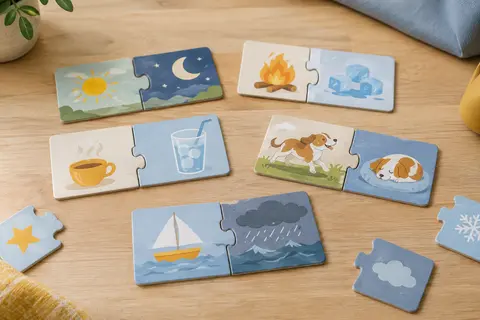 Cartes puzzle colorées illustrant des contraires, assemblées en paires sur une table en bois clair.