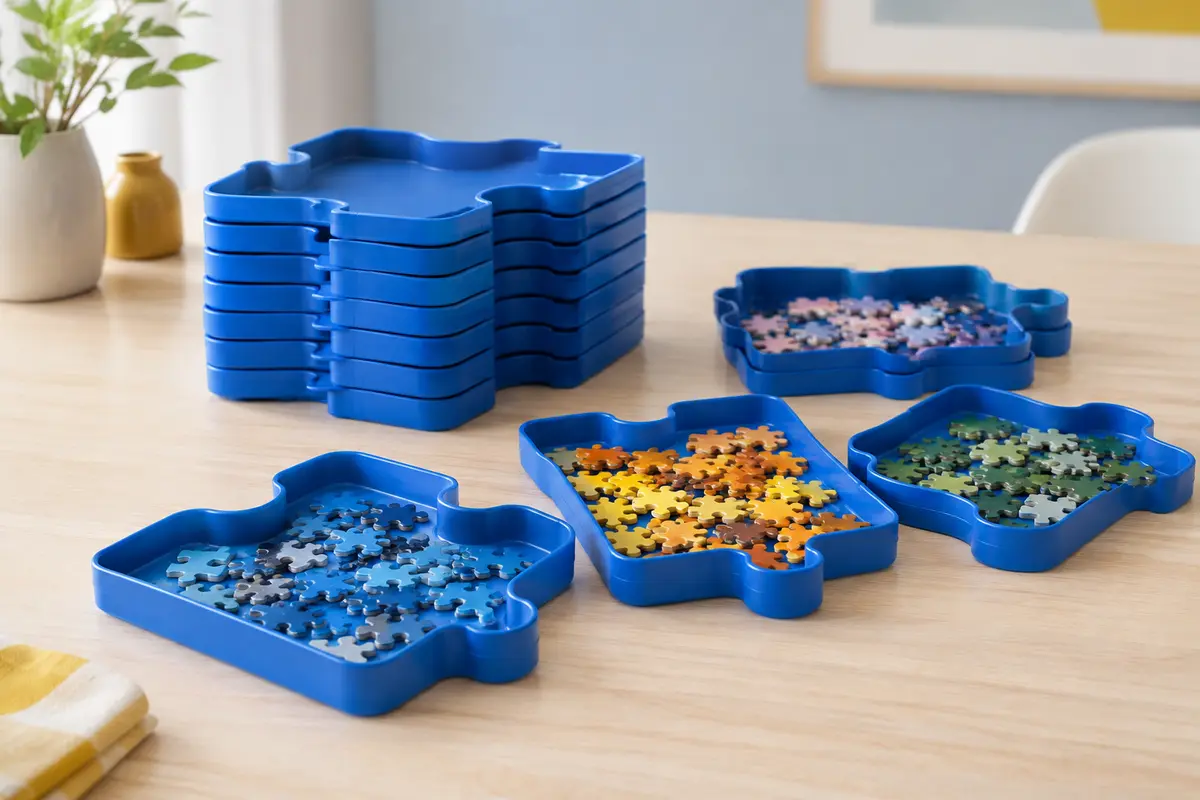 Huit bacs bleus de tri pour puzzle, empilés et garnis de pièces sur une table en bois clair.