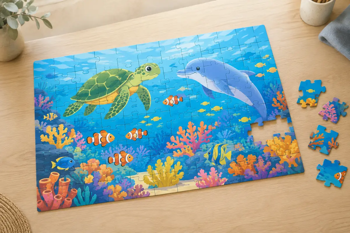 Puzzle enfant de 100 grosses pièces illustrant une tortue, des poissons-clowns et un dauphin, presque terminé sur une table claire.