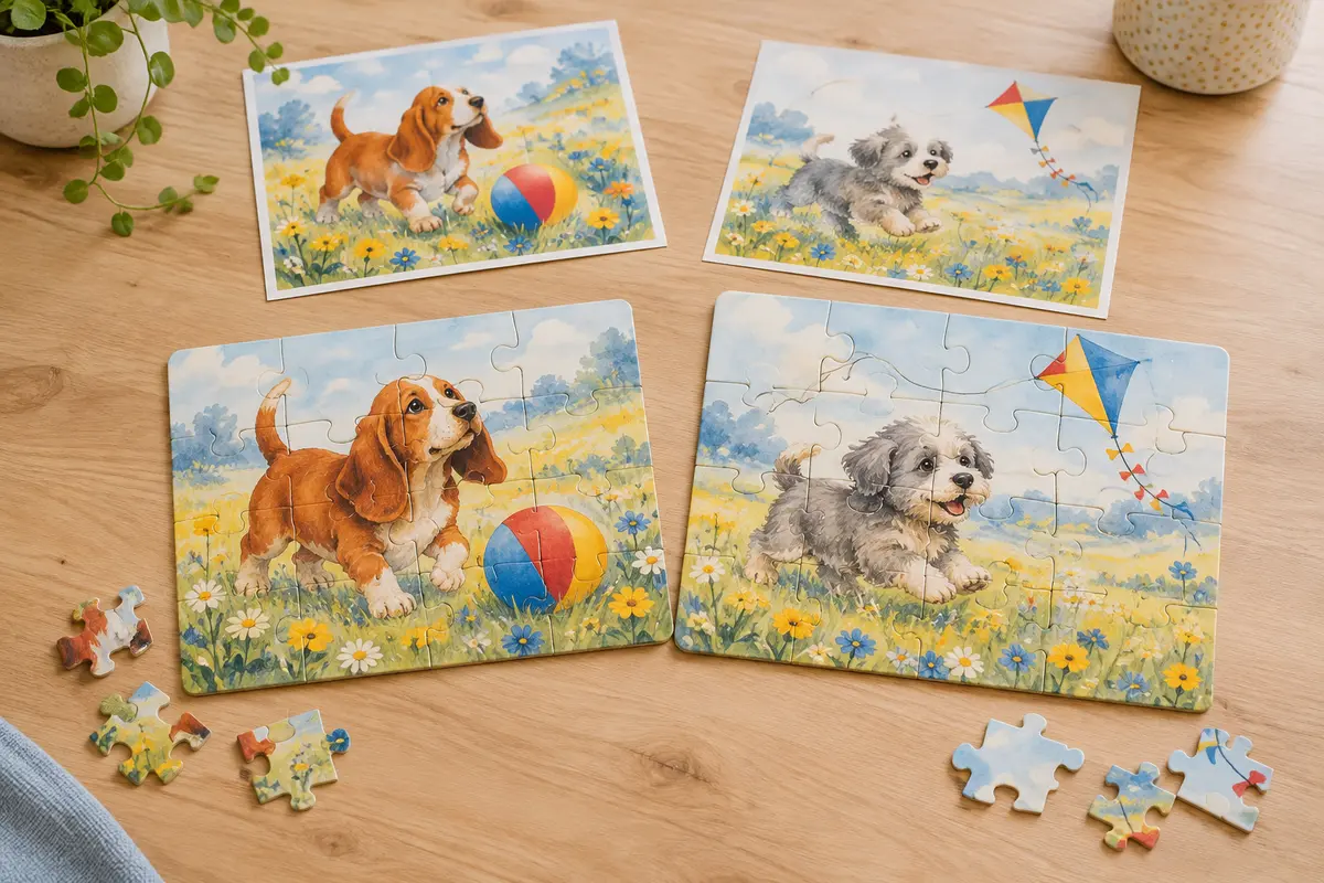 Deux puzzles de 12 pièces illustrés à l’aquarelle de chiens jouant dans un pré fleuri, avec pièces et posters sur une table en bois clair.