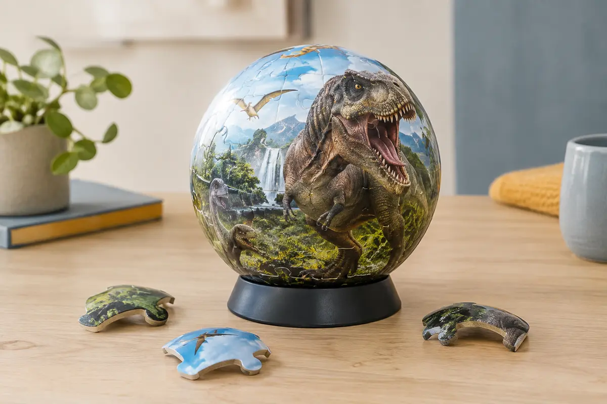 Puzzle 3D en forme de sphère sur son support, avec des pièces incurvées posées sur une table en bois clair.