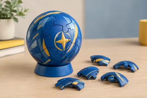 Sphère puzzle 3D Avengers bleue montée sur son support, avec quelques pièces incurvées posées à côté