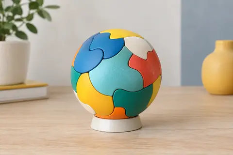Puzzle balle 3D Ravensburger multicolore assemblé sur son support, posé sur une table en bois clair.