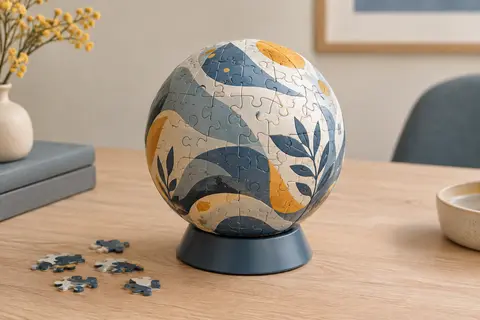 Puzzle 3D sphérique Spider-Man de 72 pièces numérotées, posé sur son socle.