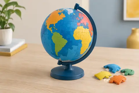 Globe terrestre Ravensburger en puzzle 3D multicolore posé sur son support rotatif