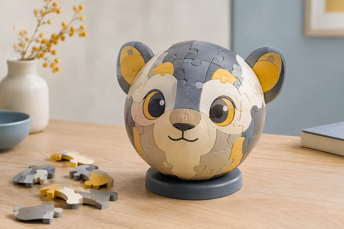 Puzzle 3D sphérique représentant la tête de Grogu, assemblé sur son socle avec ses oreilles en carton.