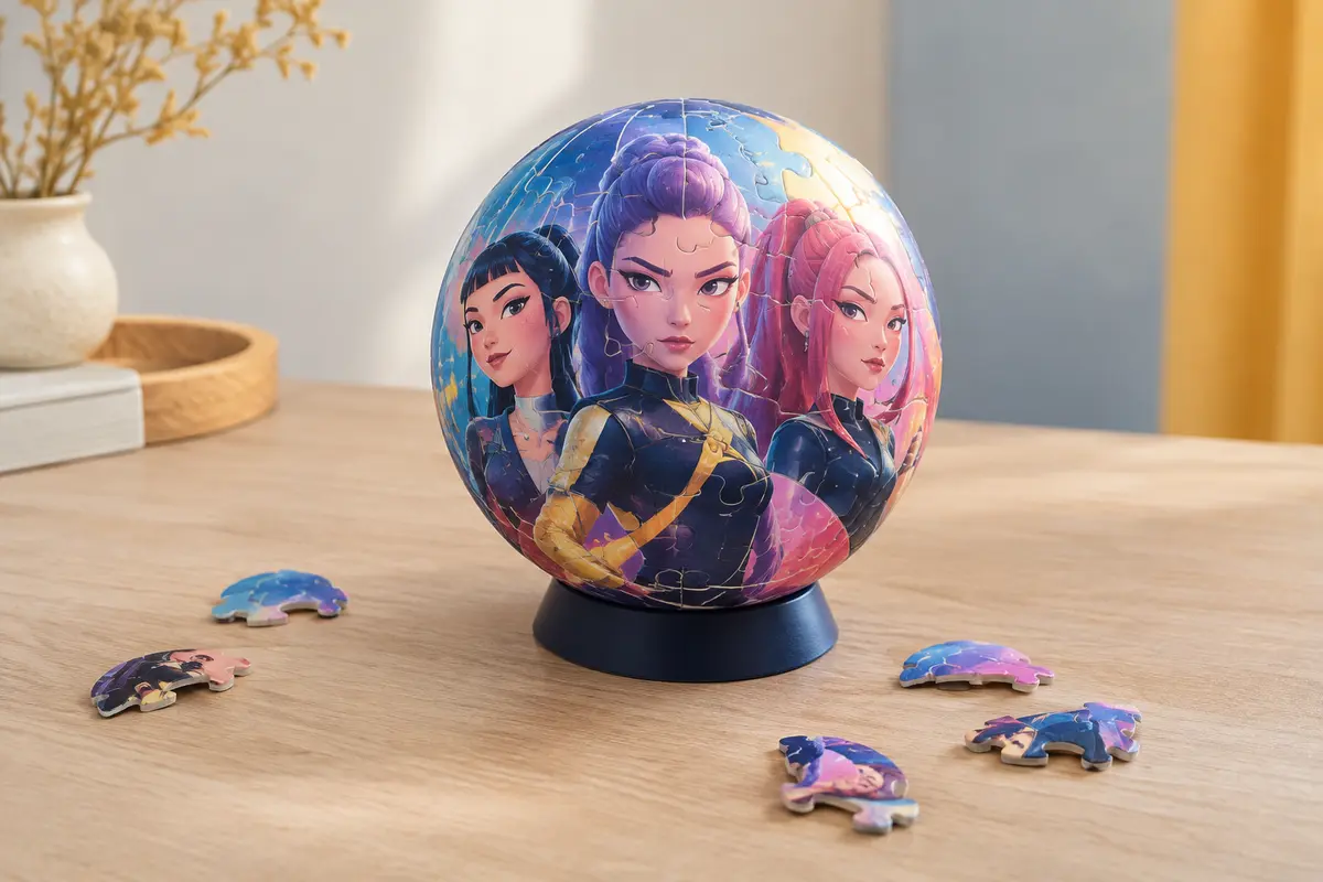 Puzzle 3D sphérique multicolore KPop Demon Hunters monté sur son socle, posé sur une table en bois clair.