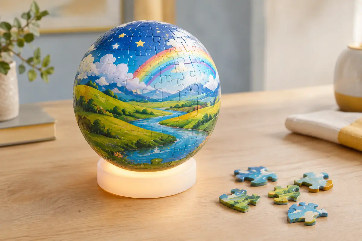 Sphère puzzle 3D illustrée d’un paysage coloré de prairies, de collines et d’arc-en-ciel, assemblée sur son socle lumineux allumé.