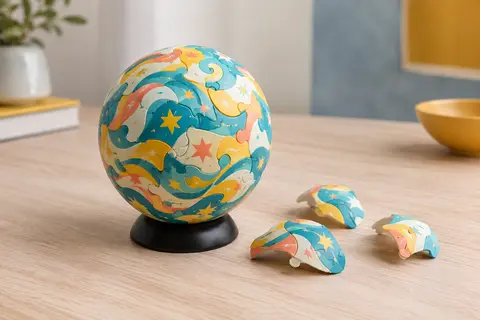 Petit puzzle 3D sphérique à motif de vagues et d’étoiles turquoise, jaune et corail, assemblé sur son socle noir, avec quelques pièces incurvées.