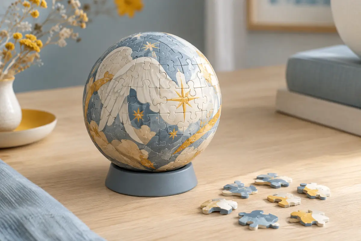 Sphère puzzle 3D Stitch et Angel assemblée sur son support, avec quelques pièces sur une table en bois clair.